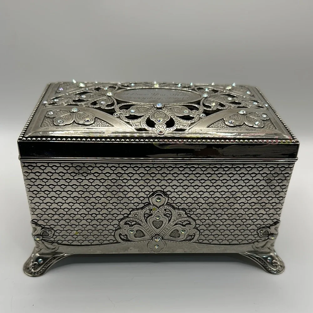 Things Remembered Silvertone Metal Music Jewelry Box Swarovski